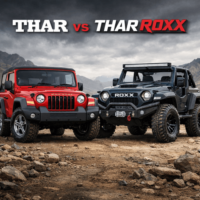 Red Mahindra Thar next to black Thar Roxx SUV on rocky desert terrain