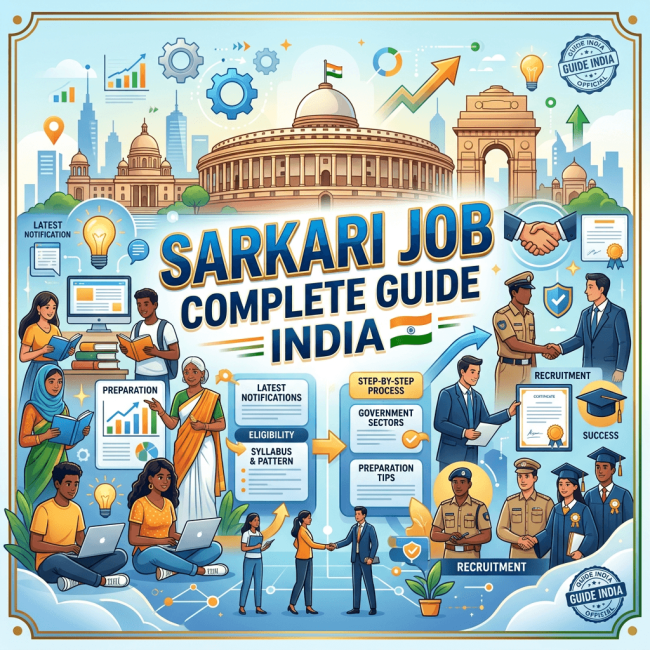 Illustration showing Sarkari Job complete guide with preparation, notifications, eligibility, recruitment, and success steps in India
