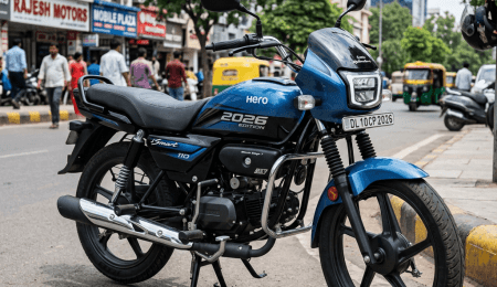 A blue Hero 2026 Edition motorcycle parked on a busy urban street Blue Hero 2026 Edition motorcycle parked beside curb on city street
